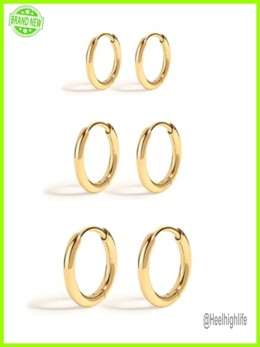 18K Gold Ion Plated Stainless Steel Hoop Earrings Set 3 Pairs 6mm-16mm